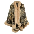 Damen Strickponcho mit Pfauenmuster und khakifarbenem Kunstpelzbesatz in 3D - Khaki