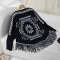 Ethnic knit poncho sweater in black and gray with sun pattern and long fringes - Letter F / Black