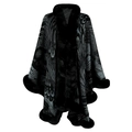 Damen Strickponcho in Schwarz-Grau mit Pfauenfeder-Muster und dichtem Kunstpelzbesatz - Marineblau