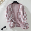Pink and white checkered knit cardigan with lantern sleeves and V-neckline style - Pink