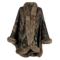 Brown and beige peacock pattern knit poncho with plush faux fur collar and trim - Coffee