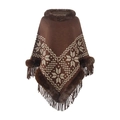Dark brown knit poncho with faux fur collar, geometric snowflake pattern and tassel hem - Letter F / Coffee