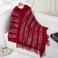Deep red striped hooded knit poncho with geometric patterns and tassel fringe detail - Letter F / Burgundy