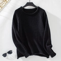 Schwarzer lockerer Rundhals-Strickpullover für Damen mit gerippten Ärmelbündchen - S / Schwarz