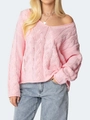 Jersey rosa de mujer con cuello en V y punto de ochos en estilo relajado y suelto - S / Rosa
