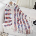 Boho hooded knit poncho in white with colorful stripes and long fringe tassels - Letter F / White