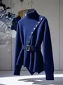 Elegant royal blue knit sweater with gold buttons and asymmetrical split hem - S / Blue