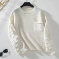 Jersey de punto blanco crema con cuello redondo, mangas de burbuja con textura y bolsillo - S / Blanco Roto