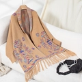 Aztec patterned cardigan in camel knit with bohemian geometric jacquard and fringe hem - Letter F / Khaki