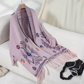 Lavender Aztec knit cardigan featuring colorful geometric patterns and fringe hem details - Letter F / Pink