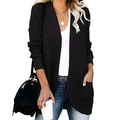 Women's black chunky knit open cardigan with long sleeves and large functional side pockets - Black