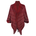 Women's autumn knit striped poncho cape featuring deep red tassel fringe trim on white background - One Size / Burgundy