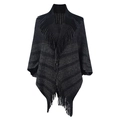 Dark gray and black striped knit poncho featuring elegant fringe trim and open front - One Size / Black