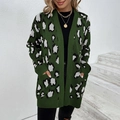 Cardigan long en maille léopard vert foncé avec poches et devant ouvert pour femme - S / Vert Armée