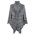 Women's grey striped knit poncho with fringe tassels and elegant open front collar - One Size / Gray