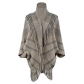 Knit striped poncho cardigan in taupe and dark grey featuring elegant long fringe details - One Size / Khaki