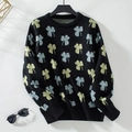 Jersey de punto negro oversize para mujer con motivos de tréboles azules y amarillos - S / Negro