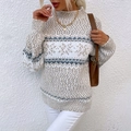 Women's Fair Isle mock neck Christmas sweater in beige and blue knit pattern - S / Apricot