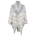 Poncho en tricot rayé gris et blanc pour femmes avec détails de franges doux - Taille unique / Abricot