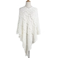 White crochet knit poncho with geometric wave patterns and bohemian tassel details - Letter F / White