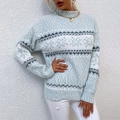 Women's Nordic snowflake knit sweater in light blue and white with a cozy mock neck finish - S / Blue
