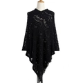 Women's bohemian black hollow-out crochet knit poncho sweater with long tassel hem detail - Letter F / Black