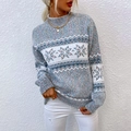 Women's blue snowflake knit sweater with a semi-high collar for winter season - S / Gray