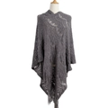 Dark grey crochet knit poncho featuring intricate hollow patterns and long tassel fringe - Letter F / Gray