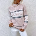 Pink retro snowflake knit sweater with high neck and fluffy mohair texture for women - S / Pink