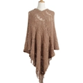 Brown hollow-out knit shawl poncho featuring tassel fringe and geometric hem detailing - Letter F / Khaki