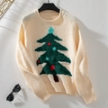 Cream crew neck knit sweater with green Christmas tree pattern on a black hanger - S / Apricot