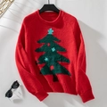 Red Christmas tree knit sweater with festive jacquard pattern and crew neck - S / Red
