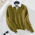 Pull en maille torsadée vert olive avec col de chemise blanc effet superposé - S / Vert