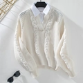 Pull en maille torsadée crème pour femme avec faux col de chemise intégré - S / Blanc Cassé
