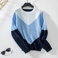 Lockerer Color-Block-Zopfstrickpullover in Blau und Weiß mit grober Textur - S / Blau