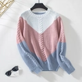 Damen-Strickpullover mit Zopfmuster und Farblock-Design in Weiß Rosa und Blau - S / Rosa