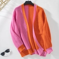 Color block knit cardigan in pink and orange with ribbed details and vertical texture - S / Orange (Pink & Orange)