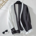 Women's color-block knit cardigan in dark grey and white with relaxed loose fit - S / Gray (White & Gray)