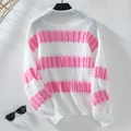 Pull femme ample en maille avec rayures horizontales rose et blanc et col côtelé - S / Blanc
