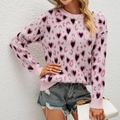 Pink heart leopard pattern knit sweater for women with round neck and long sleeves - S / Pink