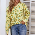 Jersey de punto amarillo pálido con corazones de leopardo azul claro y canalé - S / Amarillo