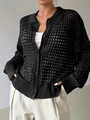 Detail of black hollow-out knit cardigan showing mesh texture and dark round buttons - L / Black