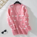 Pink knit cardigan for women with white heart jacquard patterns and V-neckline button closure - S / Pink