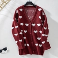 Women's burgundy V-neck knit cardigan with white plush heart patterns and buttons - S / Burgundy