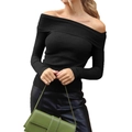 Eleganter schwarzer schulterfreier Strickpullover für Damen mit langen Ärmeln und Rippstrick - S / Schwarz