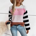 Losse gebreide trui met kleurvlakken in roze en beige en gestreepte mouwen dames - S / Roze