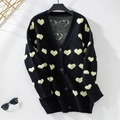 Black knit cardigan with light yellow heart embroidery and vintage button closure - S / Black
