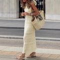Elegant cream sleeveless crochet knit long dress with intricate openwork patterns - S / Apricot