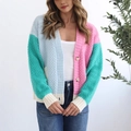 Cárdigan de punto color-block para mujer con diseño de patchwork azul pastel, rosa y verde - S / Bloque de Color Azul