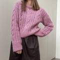 Chunky cable-knit sweater for women in vibrant pink purple with a classic crewneck design - S / Pink